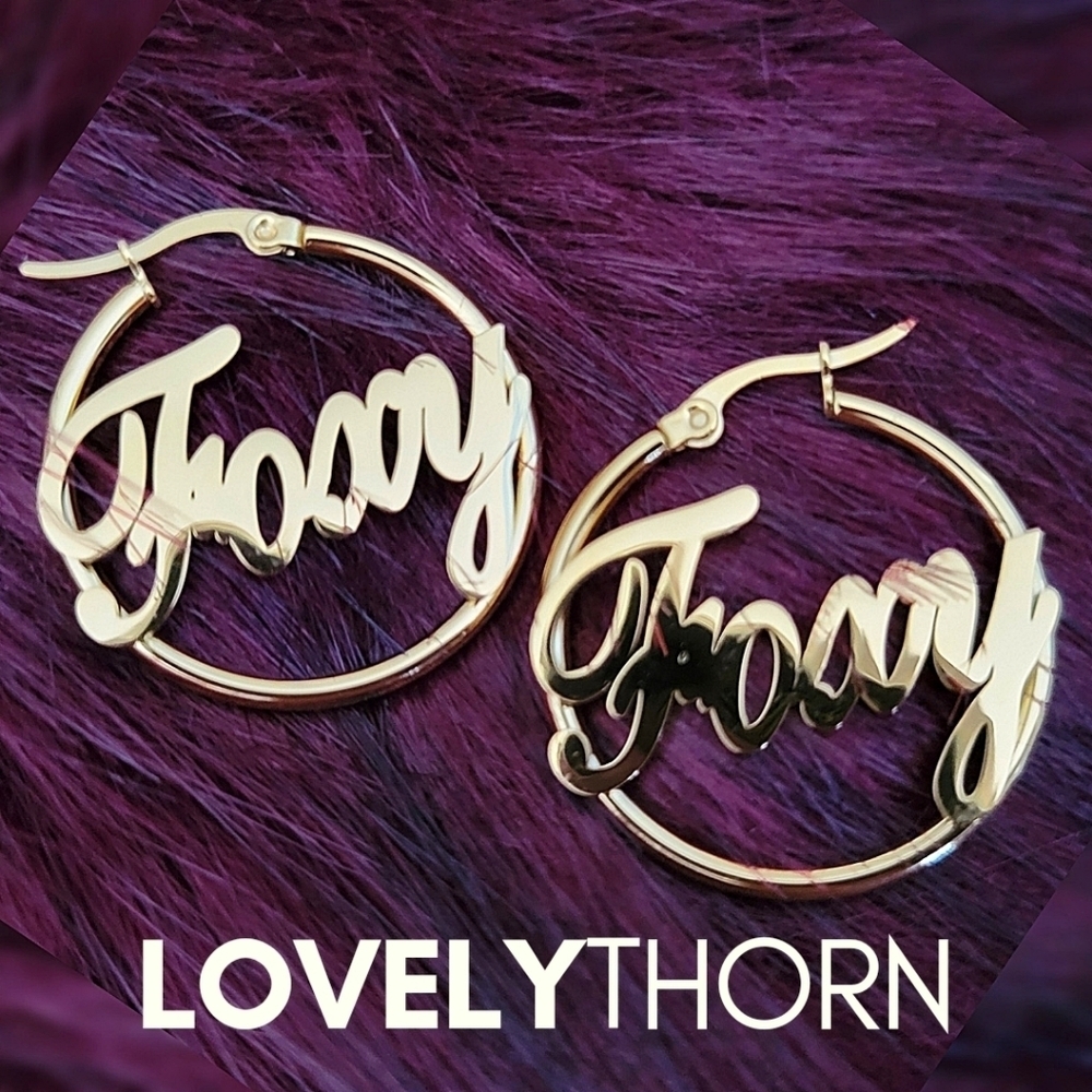 LOVELYTHORN // custom 18K gold-plated tarnish free hoops in "Foxy" script